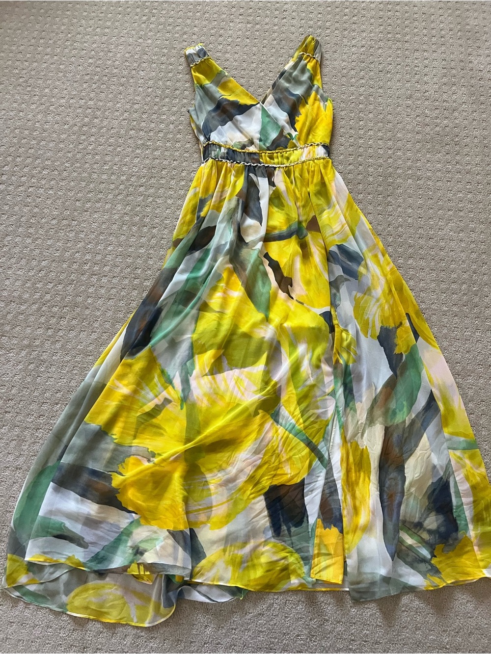White House Black Market Yellow Green Floral V-Neck Maxi Dress